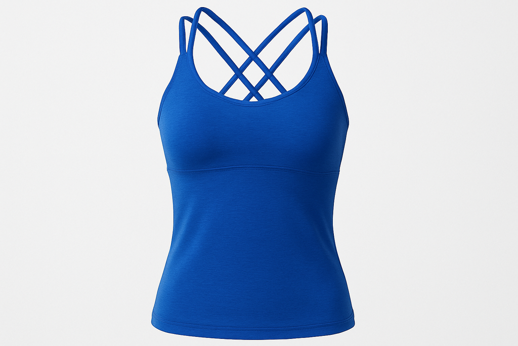 Lightweight strappy tank with quick-dry fabric and built-in shelf bra. Built for spin, circuits, and steamy studio sessions. in the color cobalt