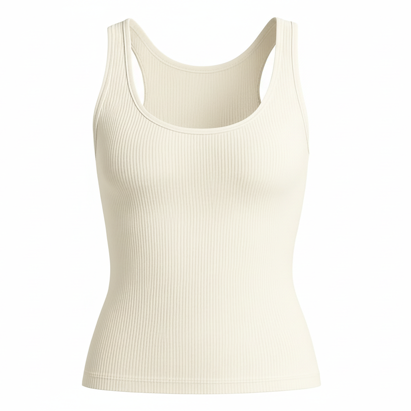 Soft ribbed tank with light support and a smooth second-skin feel. Ideal for yoga, barre, and layering under blazers. in the color ivory make full lengtbh